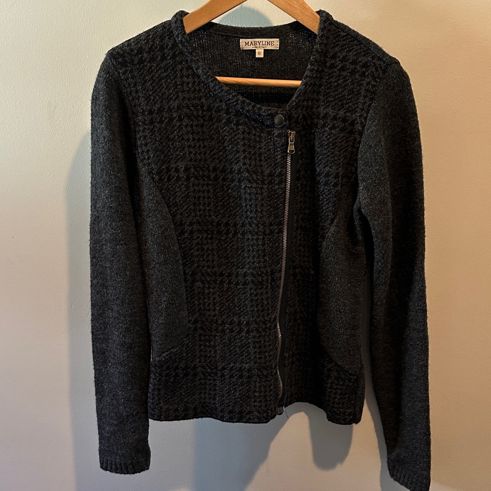 MARYLINE Black/Gray Houndstooth Moto Asymmetrical Full Zip Wool-Blend‎ Sweater